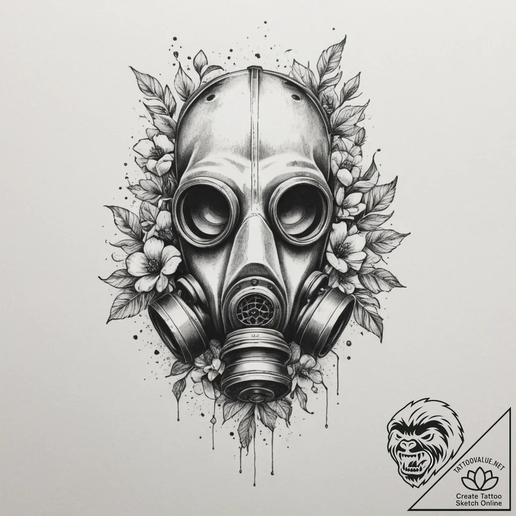 Gas mask with flowers growing through the fil... - tattoo sketch (№1754720839_0, 09.08.2025 06:27) — tattoovalue.net