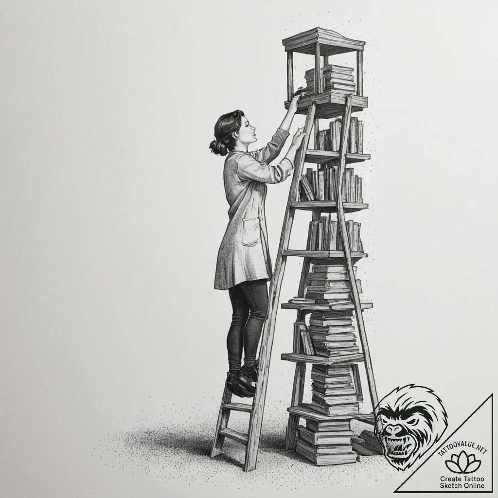 Photo of a librarian on a ladder, reaching fo... - tattoo sketch (№1754722022_0, 09.08.2025 06:47) — tattoovalue.net