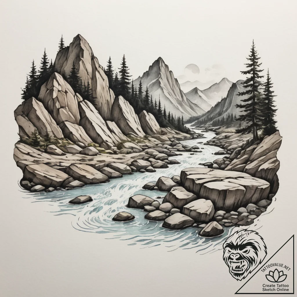 Tattoo design a flowing river carving its way... - tattoo sketch (№1754725174_0, 09.08.2025 07:39) — tattoovalue.net