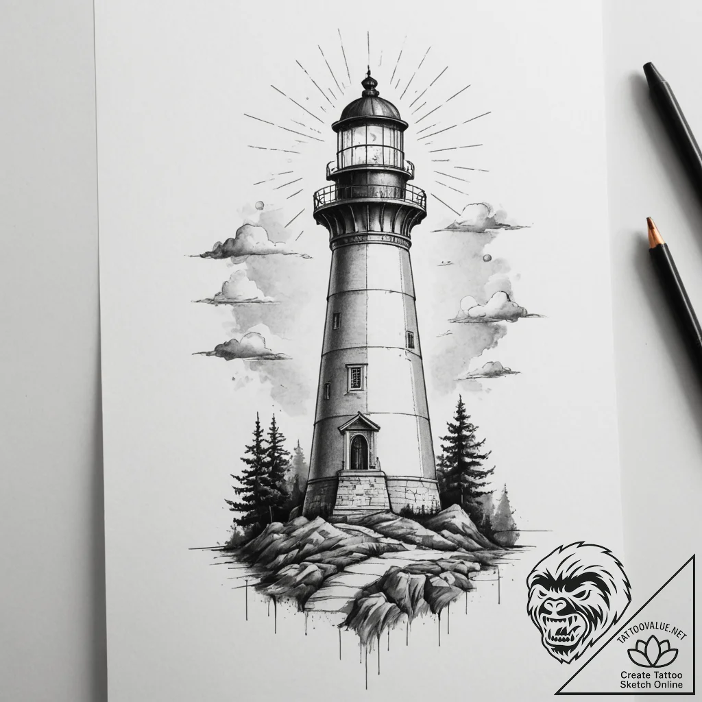Tattoo sketch a lighthouse lamp, radiating gu... - tattoo sketch (№1754725962_0, 09.08.2025 07:52) — tattoovalue.net