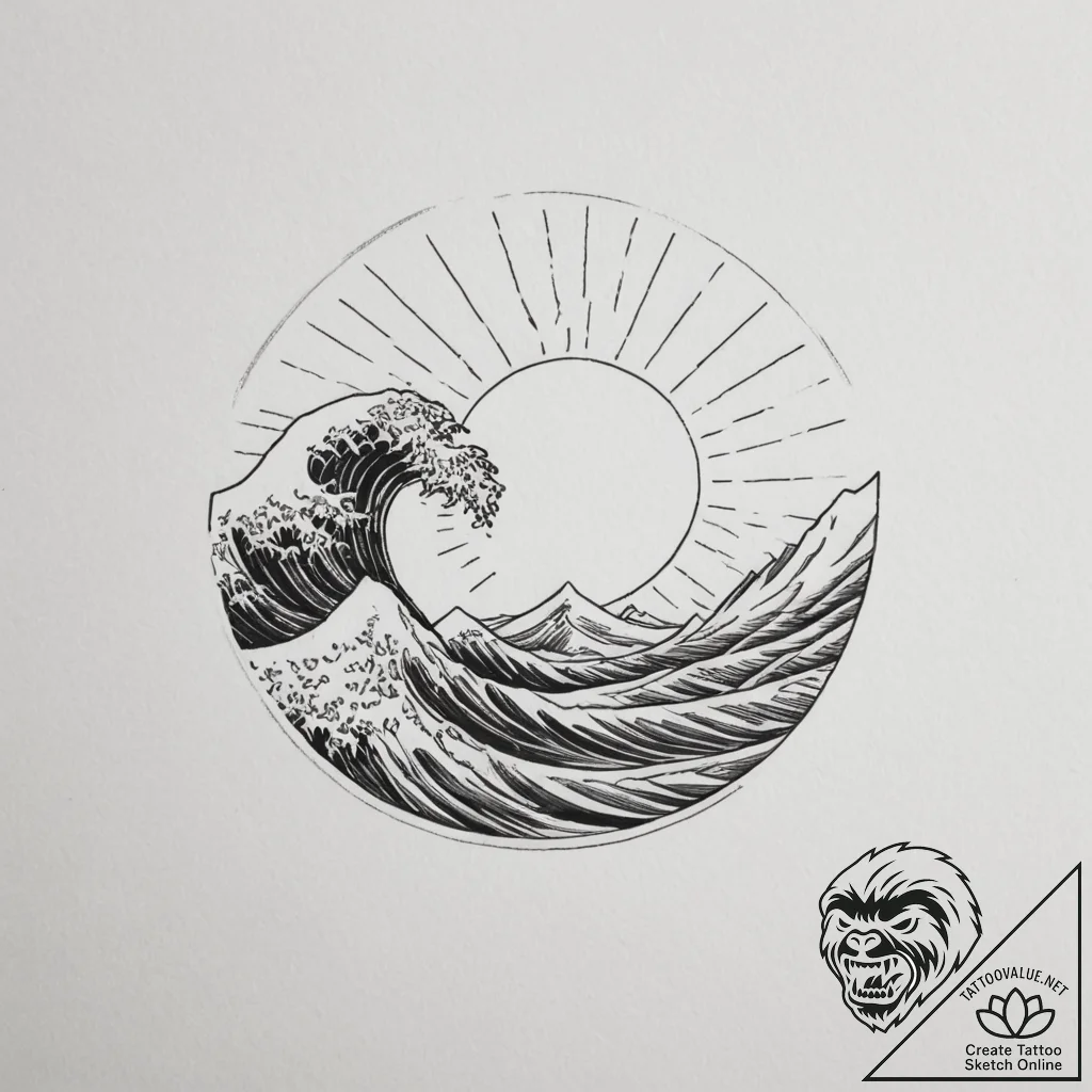Tattoo design a wave and a sun, representing... - tattoo sketch (№1754728323_0, 09.08.2025 08:32) — tattoovalue.net