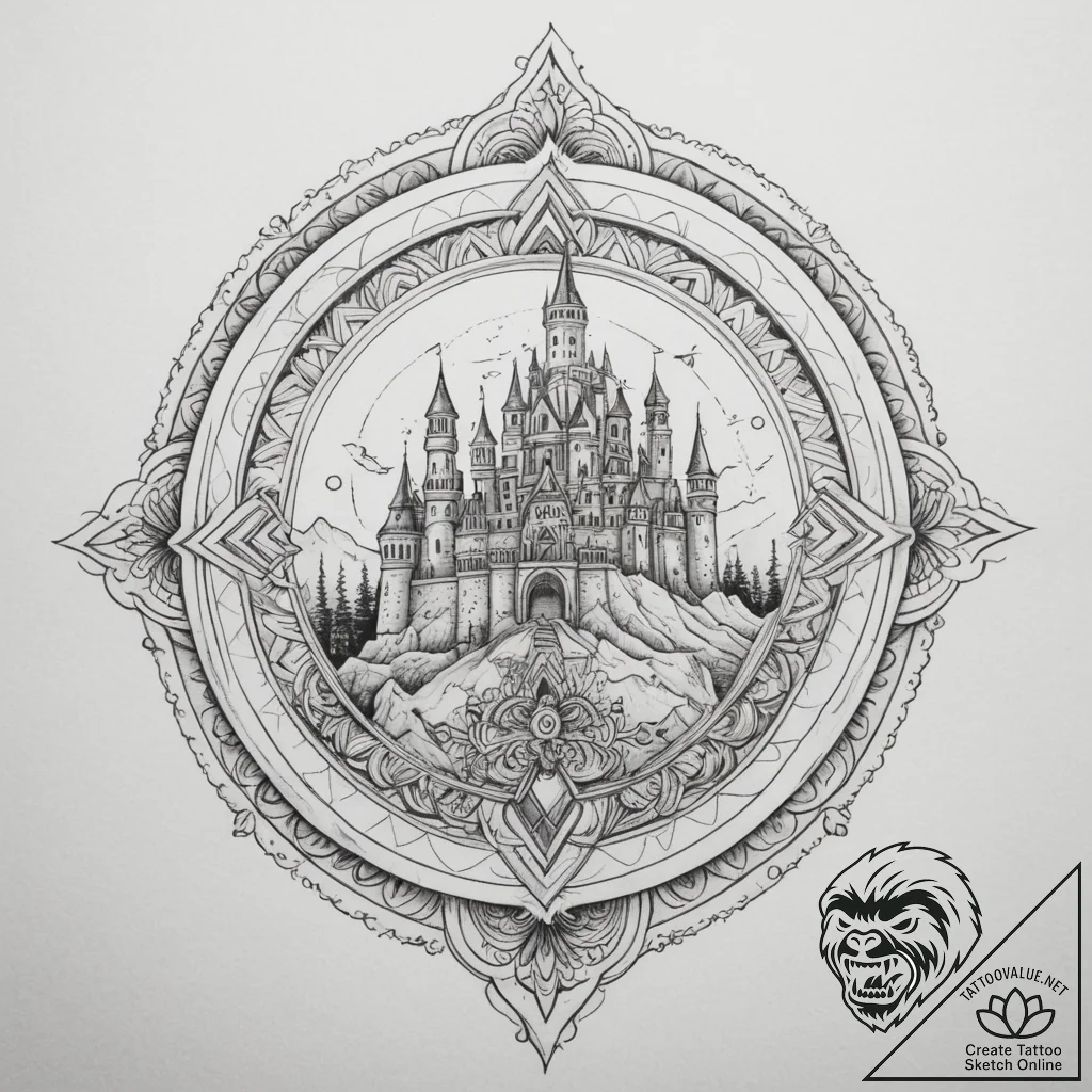 Floating castle, concept art for tattoo, on a... - tattoo sketch (№1754728520_0, 09.08.2025 08:35) — tattoovalue.net