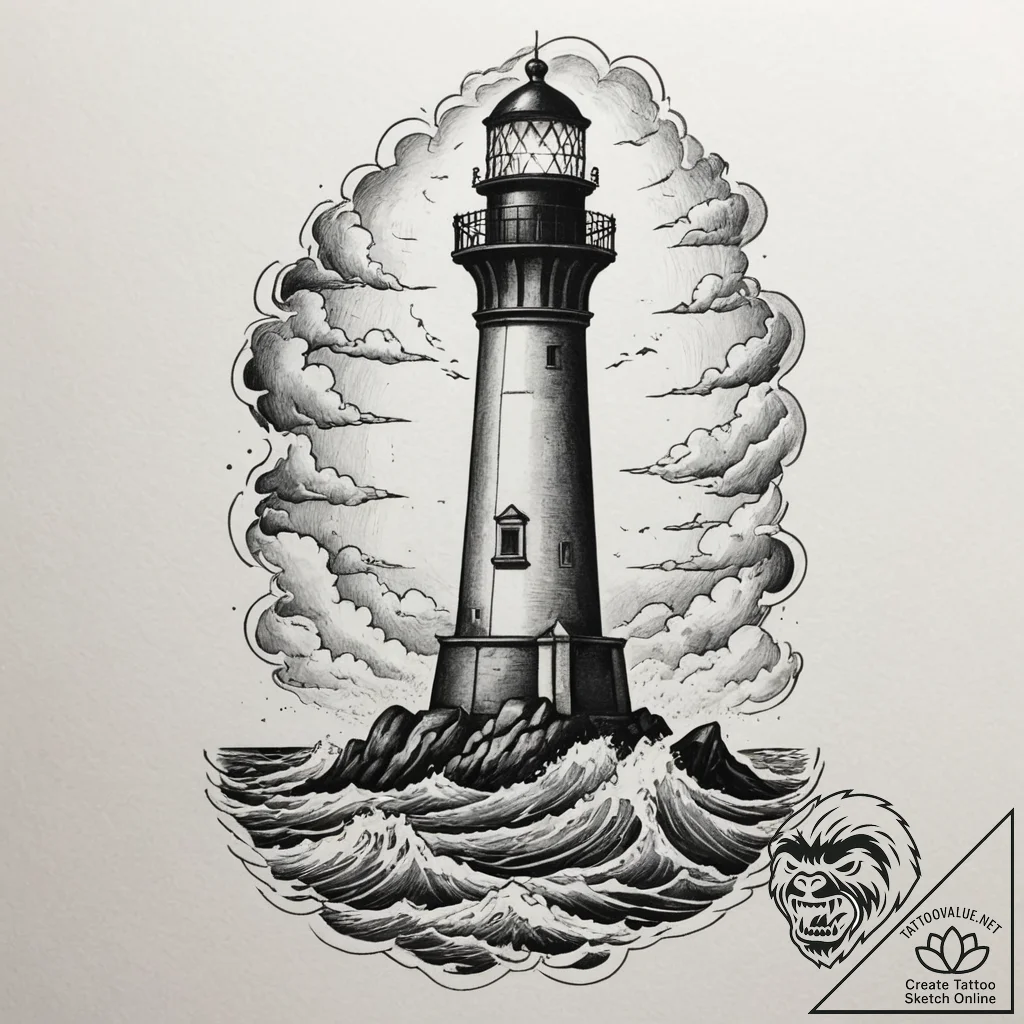 Tattoo sketch a lighthouse standing strong ag... - tattoo sketch (№1754730883_0, 09.08.2025 09:14) — tattoovalue.net