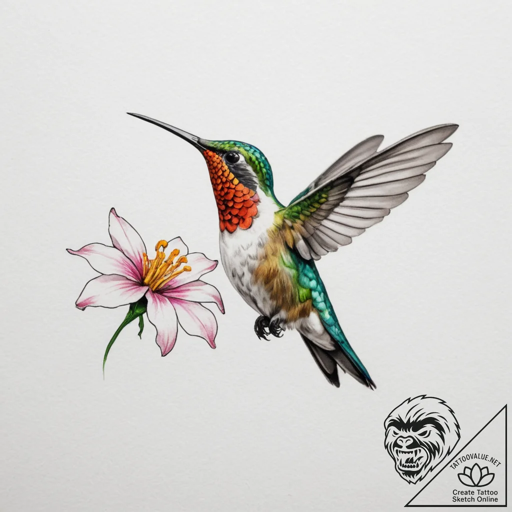 A tiny, colorful hummingbird hovering next to... - tattoo sketch (№1754735251_0, 09.08.2025 10:27) — tattoovalue.net