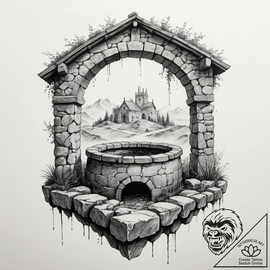 Tattoo design a sturdy, ancient stone well. - tattoo sketch (№1754738452_0, 09.08.2025 11:20) — tattoovalue.net