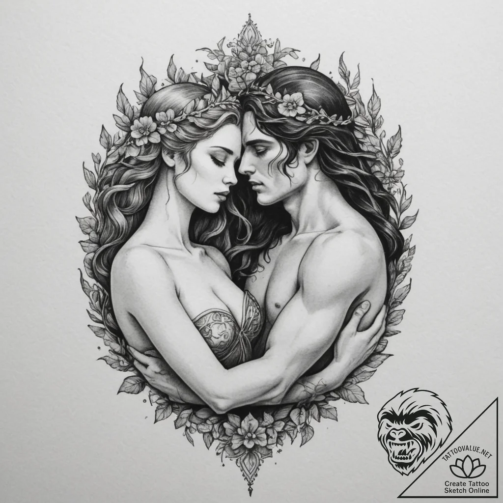 Hades and persephone's embrace, tattoo flash... - tattoo sketch (№1754740665_0, 09.08.2025 11:57) — tattoovalue.net