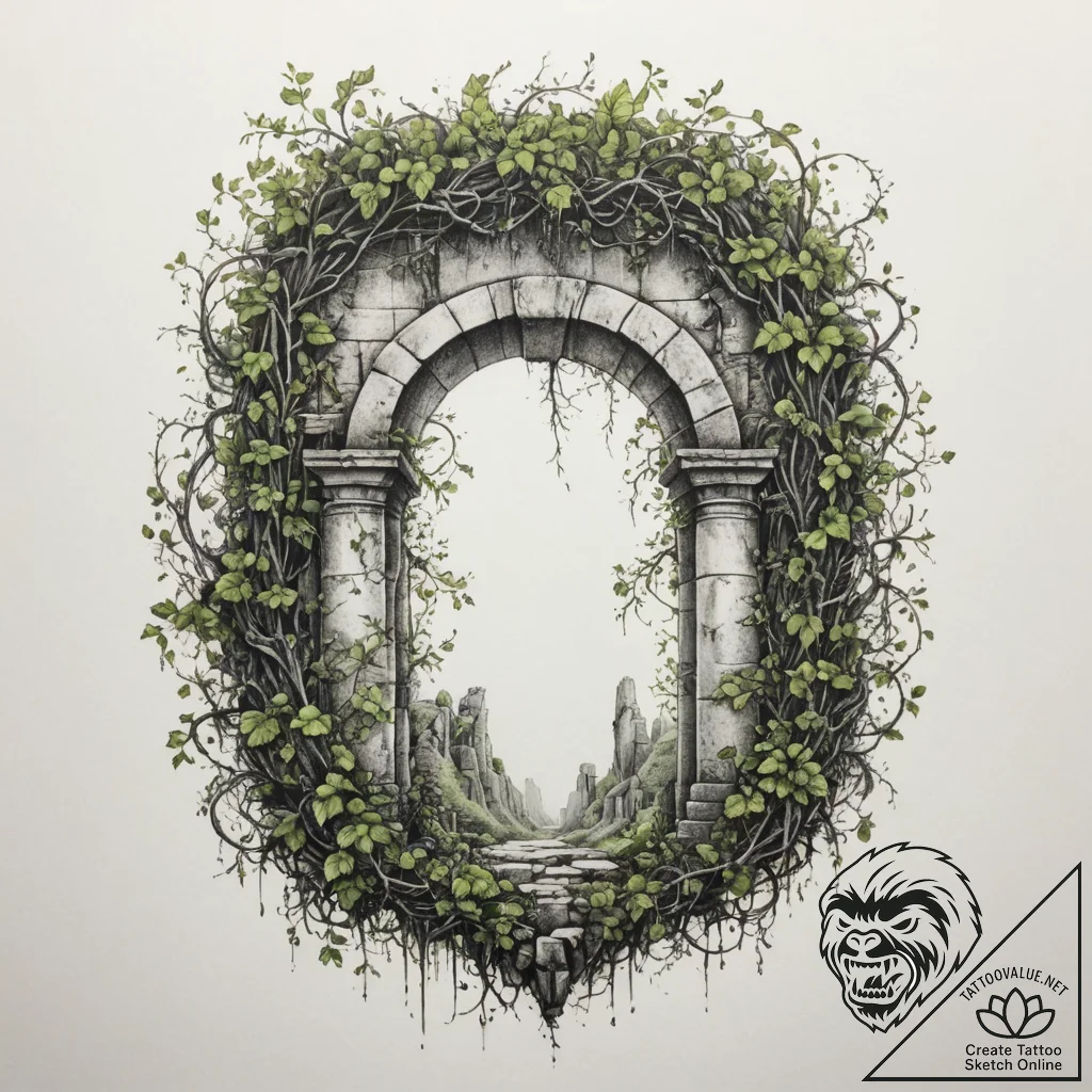 Tattoo design an ancient ruin covered in vine... - tattoo sketch (№1754741870_0, 09.08.2025 12:17) — tattoovalue.net