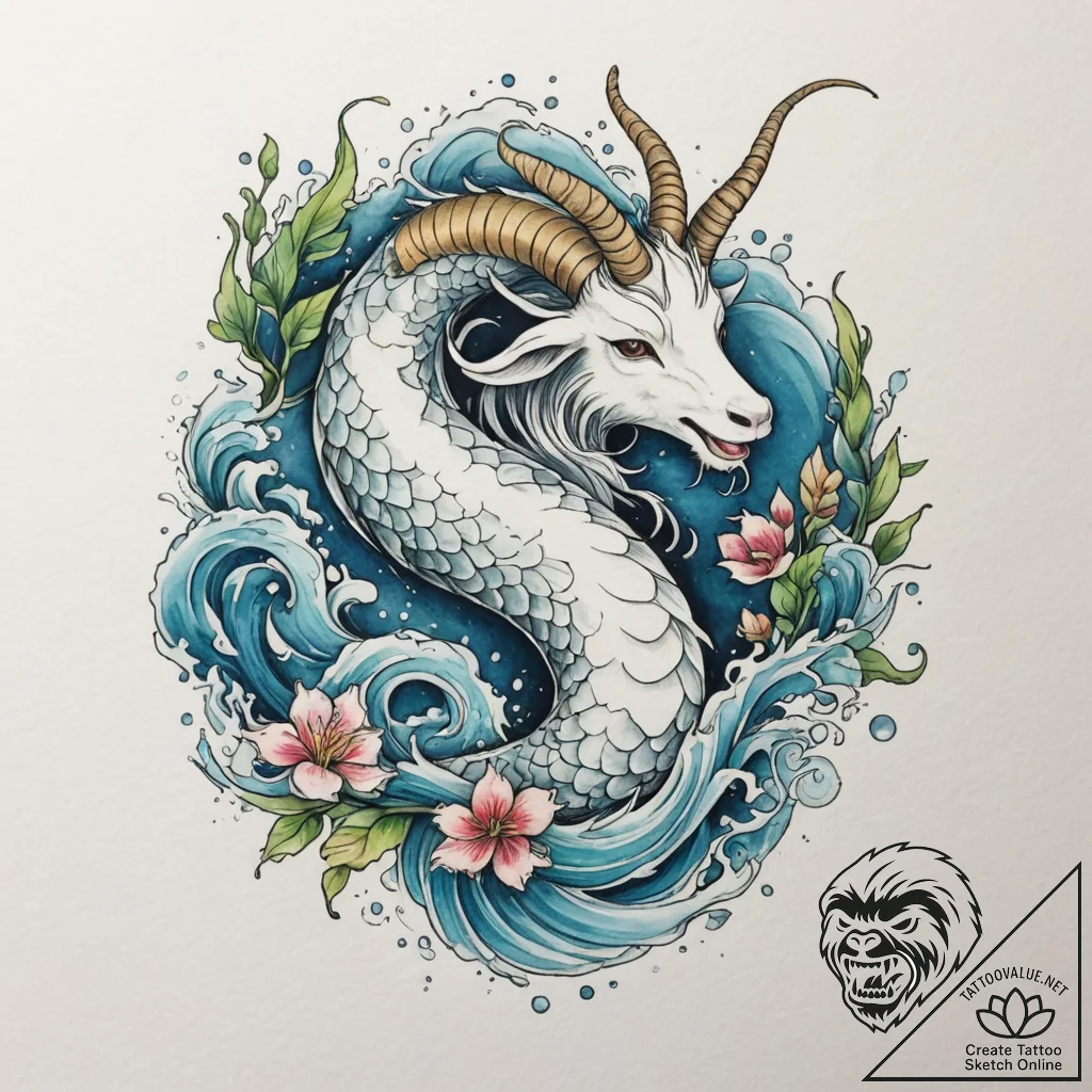Tattoo design a capricorn goat-fish, half ear... - tattoo sketch (№1754742276_0, 09.08.2025 12:24) — tattoovalue.net