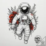 Astronaut holding a bouquet of flowers, tatto… – tattoo sketch (№1754743682_0, 09.08.2025 12:48) — tattoovalue.net