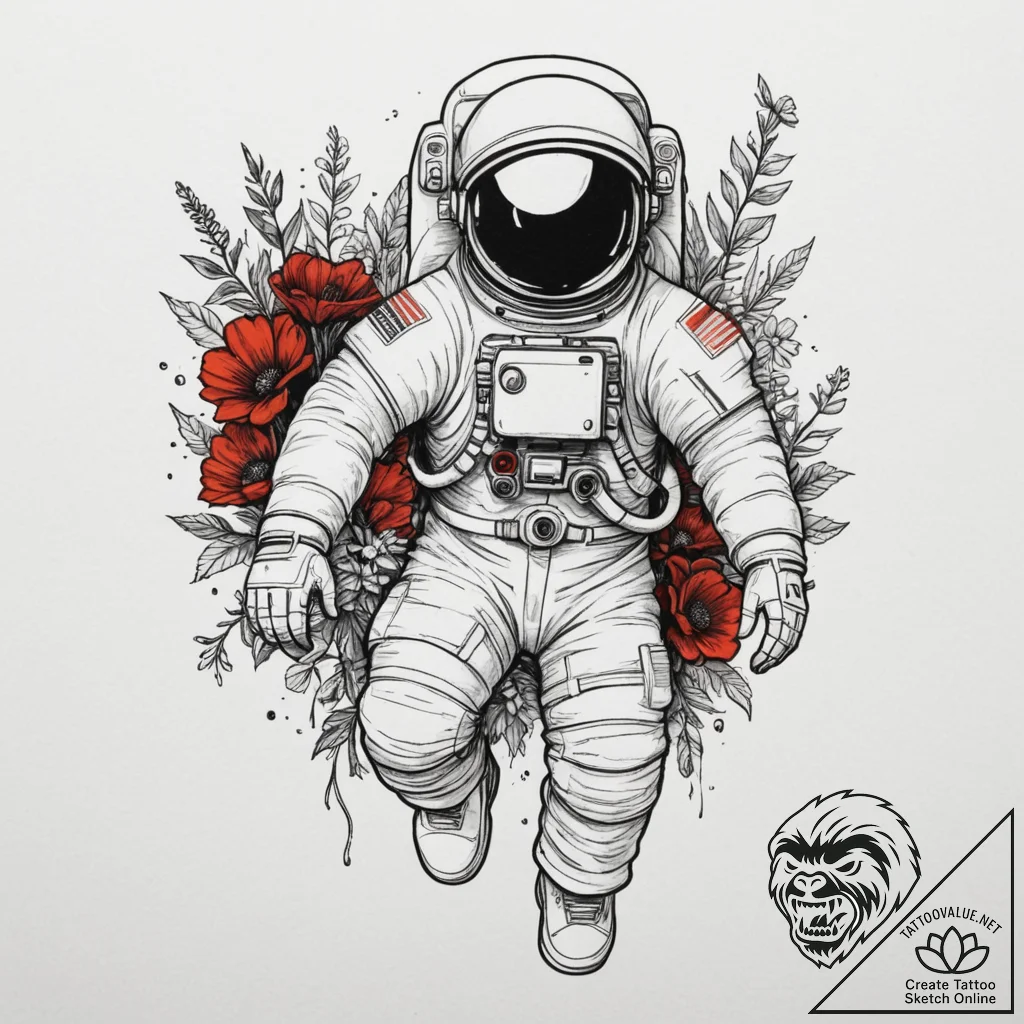 Astronaut holding a bouquet of flowers, tatto... - tattoo sketch (№1754743682_0, 09.08.2025 12:48) — tattoovalue.net