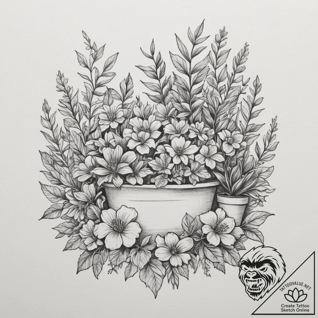 The interior of a vibrant, busy flower shop.,... - tattoo sketch (№1754748258_0, 09.08.2025 14:04) — tattoovalue.net