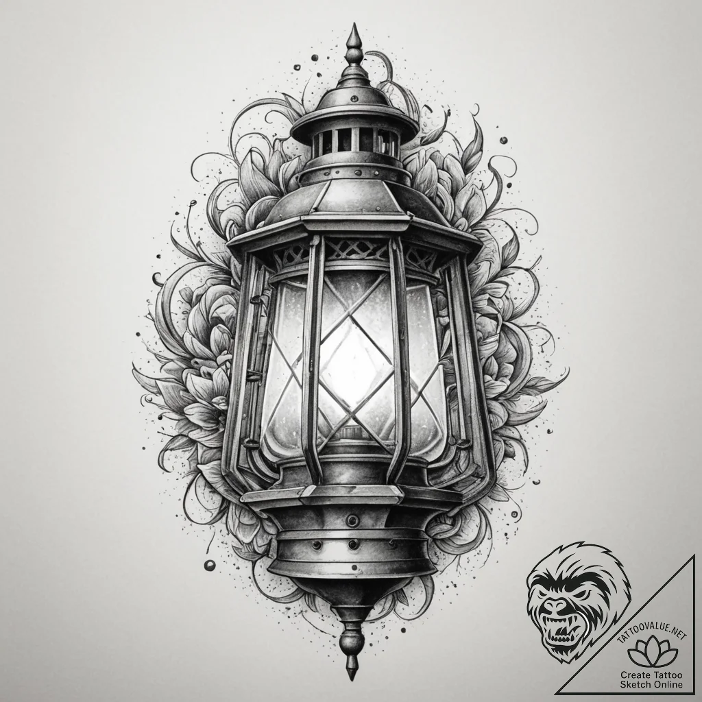 An antique lantern casting long shadows, tatt... - tattoo sketch (№1754748652_0, 09.08.2025 14:10) — tattoovalue.net