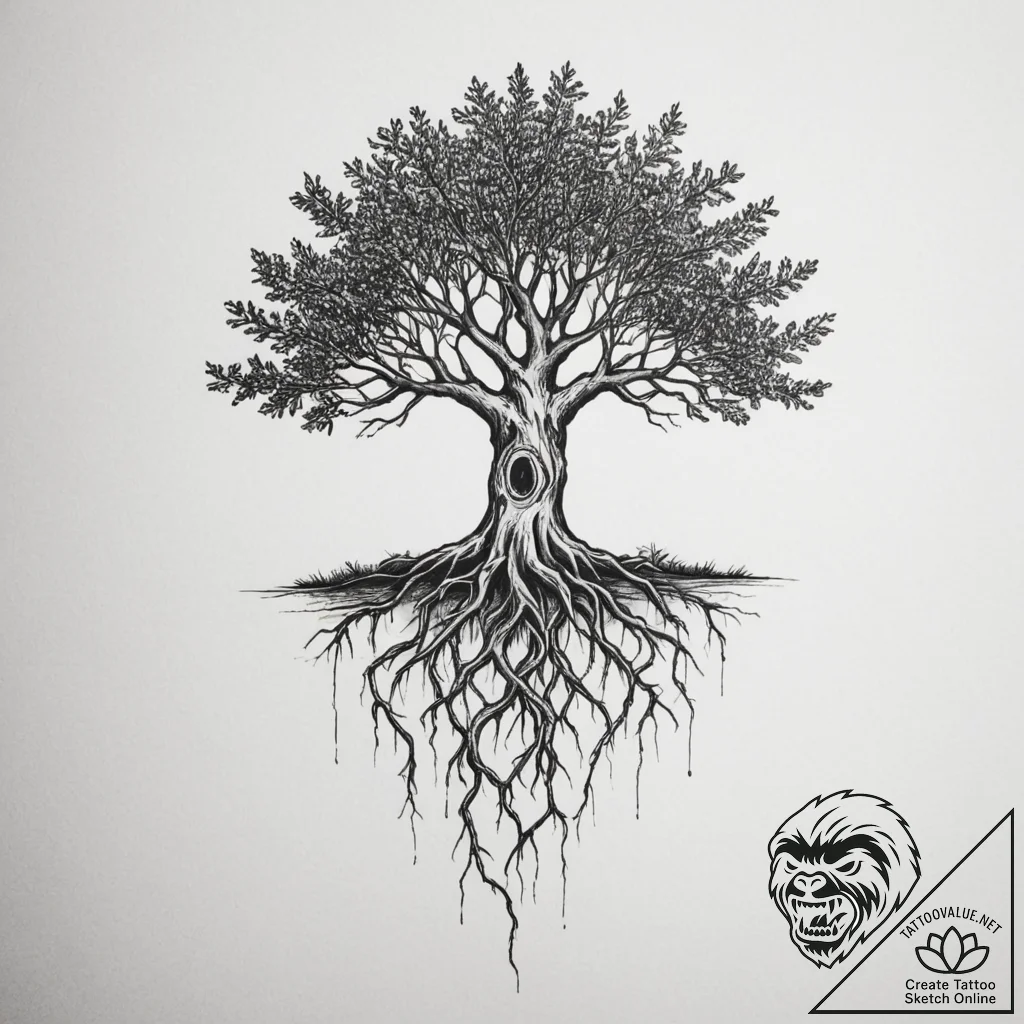 Tattoo sketch a tree with roots wrapping arou... - tattoo sketch (№1754750438_0, 09.08.2025 14:40) — tattoovalue.net