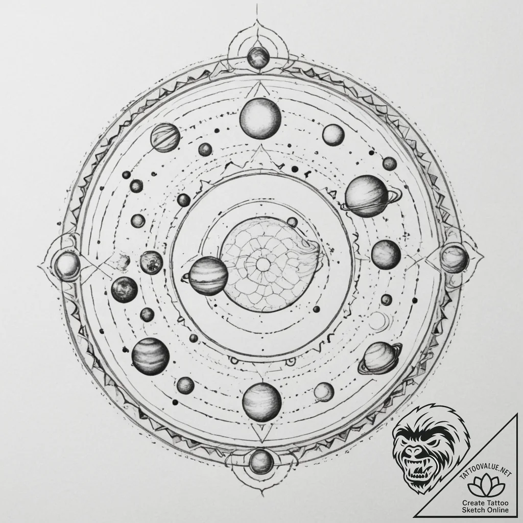 Parade of planets, concept art for tattoo, bl... - tattoo sketch (№1754757208_0, 09.08.2025 16:33) — tattoovalue.net