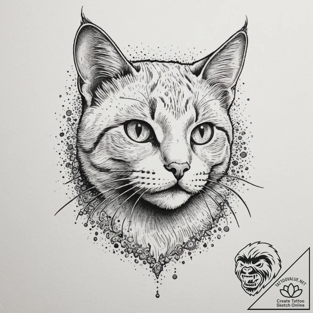 Cat, tattoo drawing outline, dotwork shading,... - tattoo sketch (№1754760833_0, 09.08.2025 17:33) — tattoovalue.net