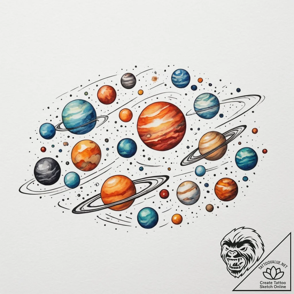 Parade of planets, tattoo drawing outline, on... - tattoo sketch (№1754761034_0, 09.08.2025 17:37) — tattoovalue.net