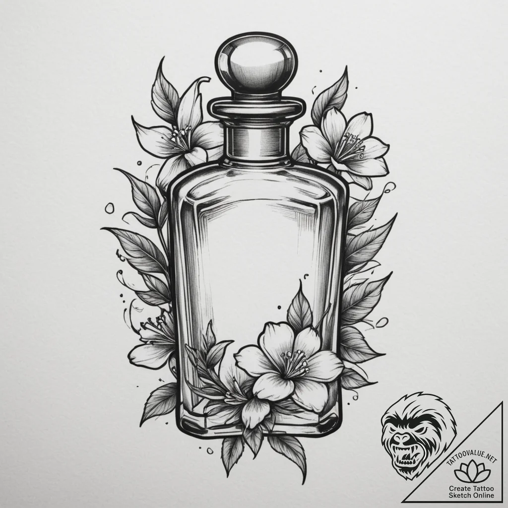 Tattoo sketch a delicate perfume bottle with... - tattoo sketch (№1754762034_0, 09.08.2025 17:53) — tattoovalue.net