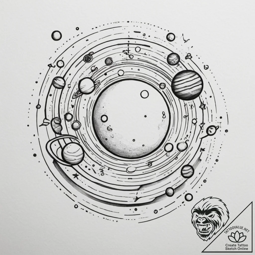 A minimalist solar system, tattoo drawing out... - tattoo sketch (№1754765428_0, 09.08.2025 18:50) — tattoovalue.net