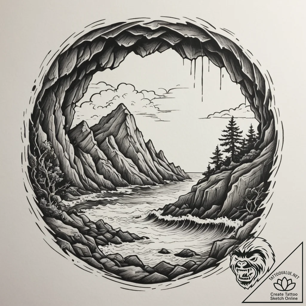 The view from inside a cave looking out at a... - tattoo sketch (№1754766851_0, 09.08.2025 19:14) — tattoovalue.net
