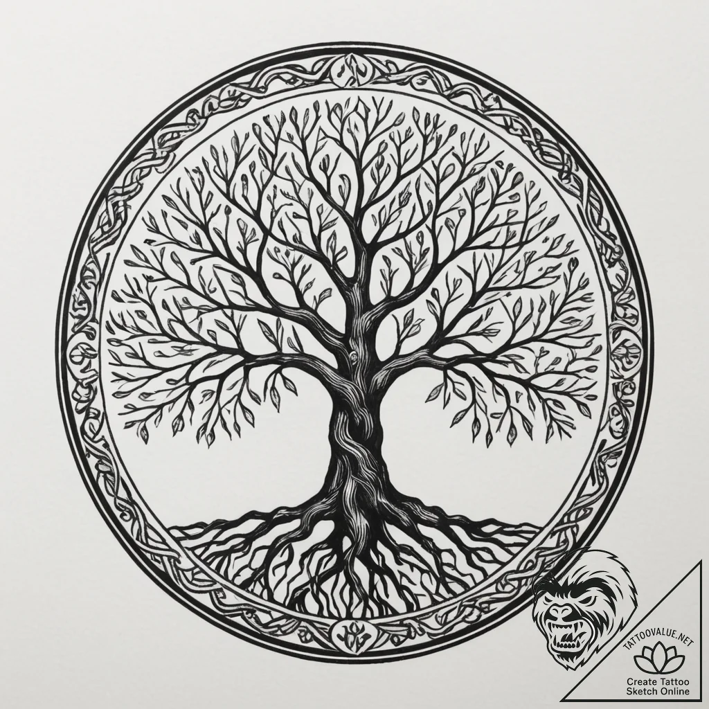 A graphic tattoo design featuring the tree of... - tattoo sketch (№1754767646_0, 09.08.2025 19:27) — tattoovalue.net