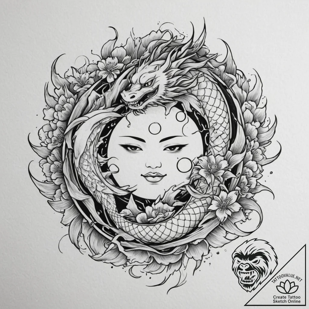 Tattoo sketch a stylized sun and moon intertw... - tattoo sketch (№1754769266_0, 09.08.2025 19:54) — tattoovalue.net