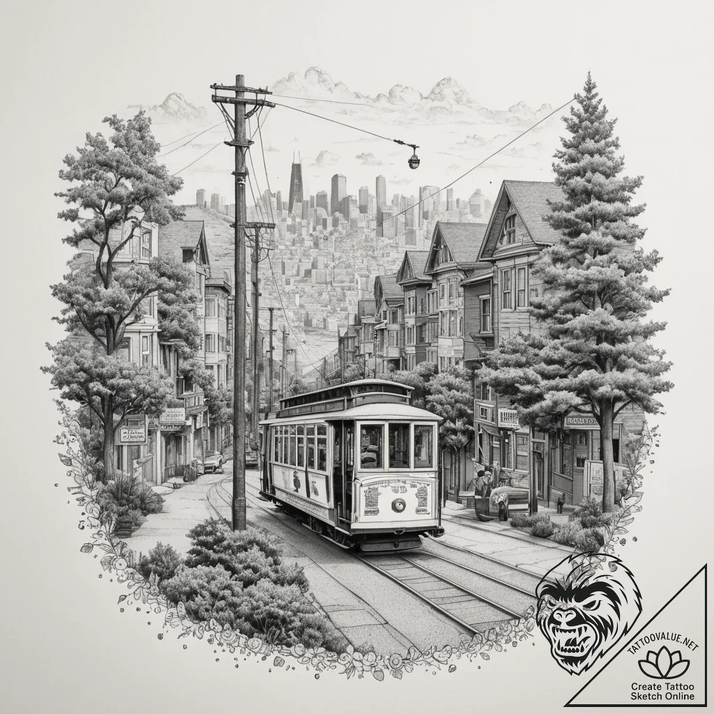 A street-level view of the iconic cable cars... - tattoo sketch (№1754776880_0, 09.08.2025 22:01) — tattoovalue.net