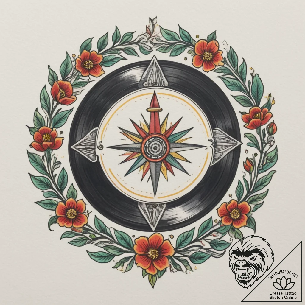 Vinyl record on a turntable, tattoo flash she... - tattoo sketch (№1754777087_0, 09.08.2025 22:04) — tattoovalue.net