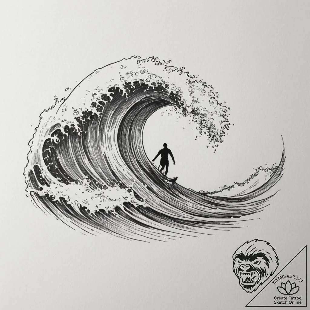 A surfer riding a massive, curling wave., ink... - tattoo sketch (№1754778100_0, 09.08.2025 22:21) — tattoovalue.net