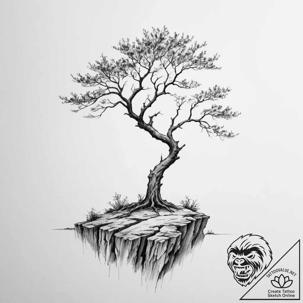 A shot of a lone tree on a cliff, battered by... - tattoo sketch (№1754781915_0, 09.08.2025 23:25) — tattoovalue.net