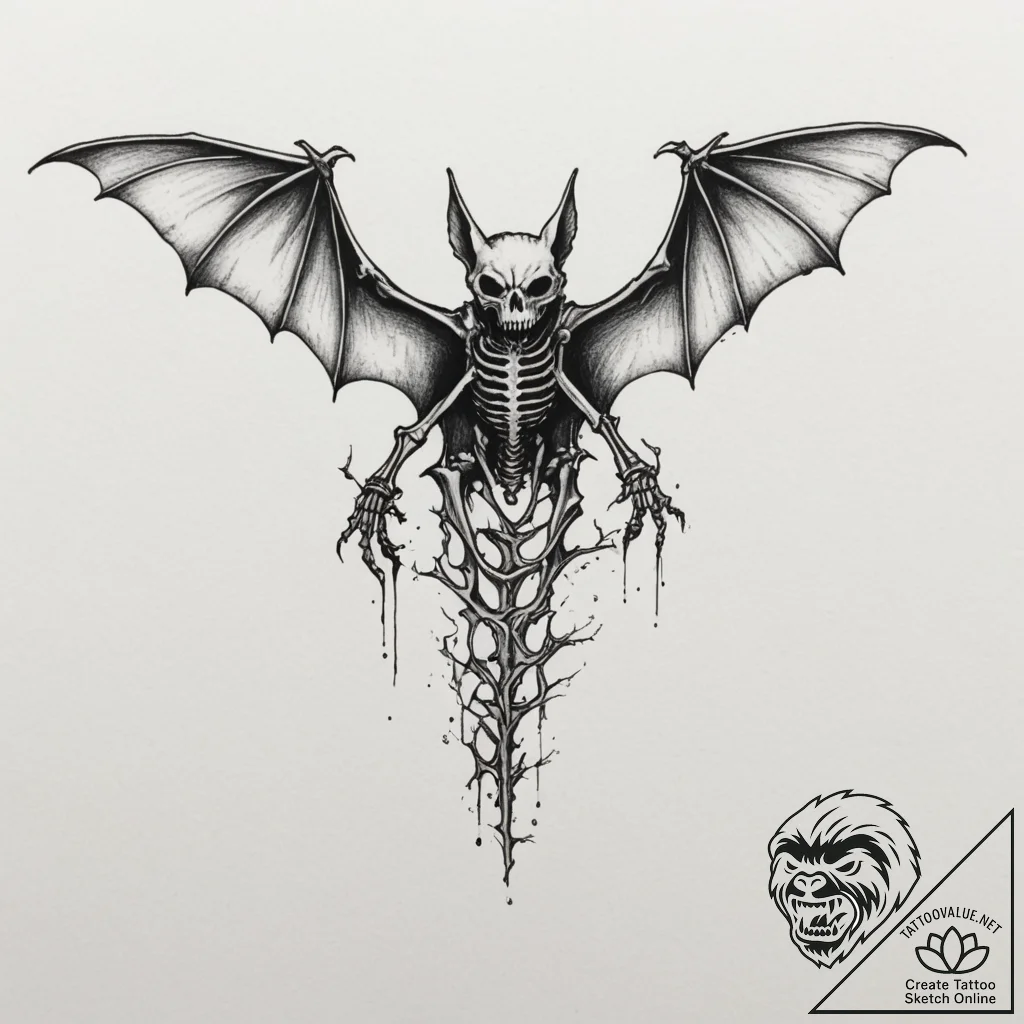 A bat skeleton, artistic tattoo sketch, on a... - tattoo sketch (№1754792666_0, 10.08.2025 02:24) — tattoovalue.net