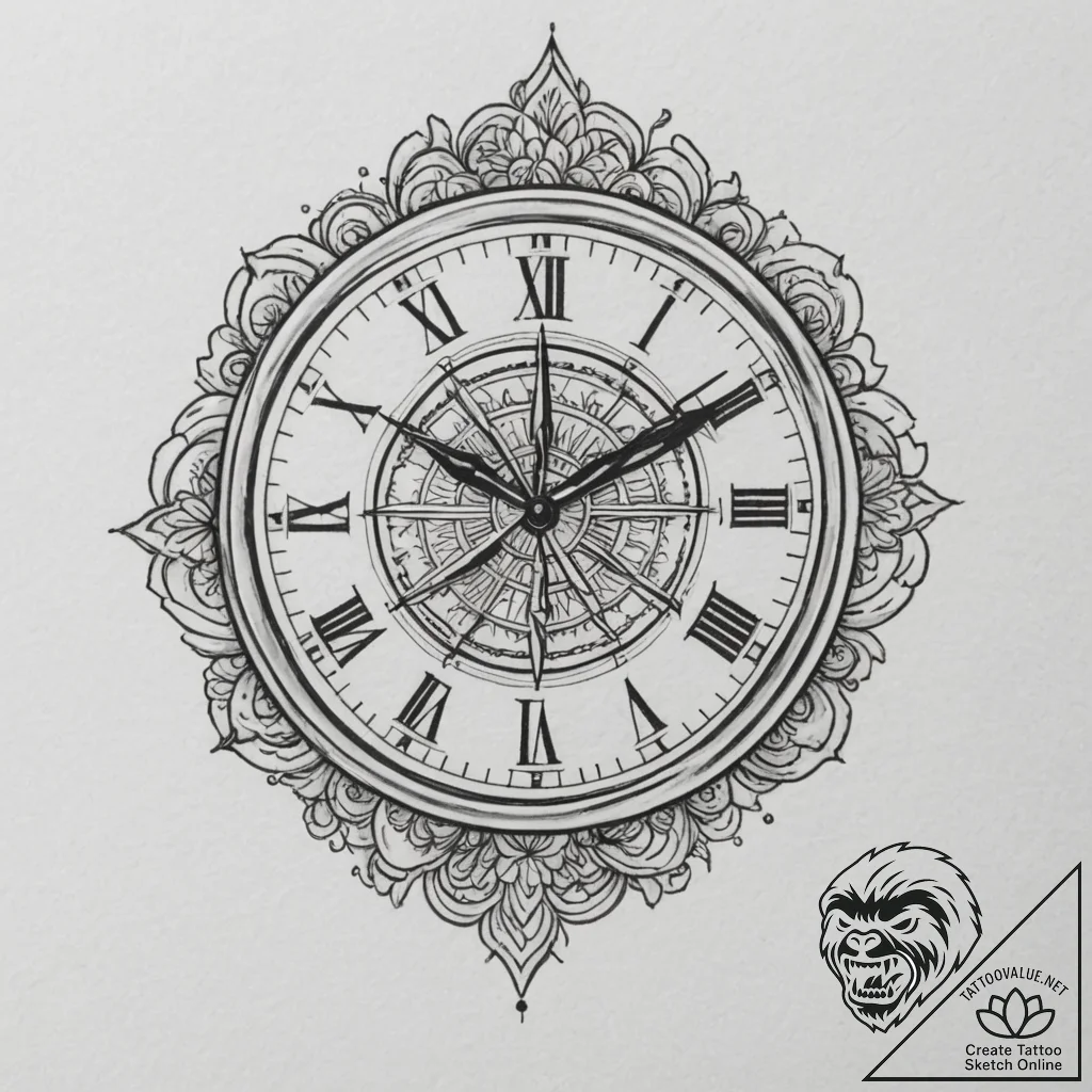 Clock, tattoo sketch design, black outline on... - tattoo sketch (№1754793064_0, 10.08.2025 02:31) — tattoovalue.net