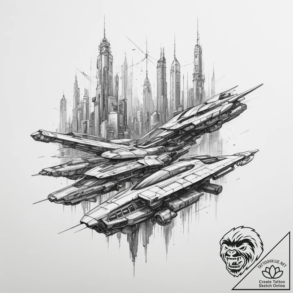 Tattoo sketch a cyberpunk city with flying ve... - tattoo sketch (№1754793870_0, 10.08.2025 02:44) — tattoovalue.net