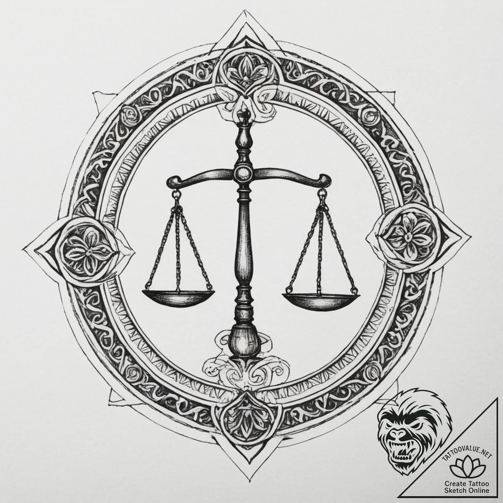 Tattoo sketch libra's scales with the "justic... - tattoo sketch (№1754794468_0, 10.08.2025 02:54) — tattoovalue.net