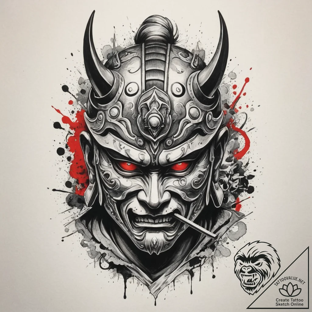 Tattoo design a samurai mask (menpo) with a f... - tattoo sketch (№1754795864_0, 10.08.2025 03:17) — tattoovalue.net