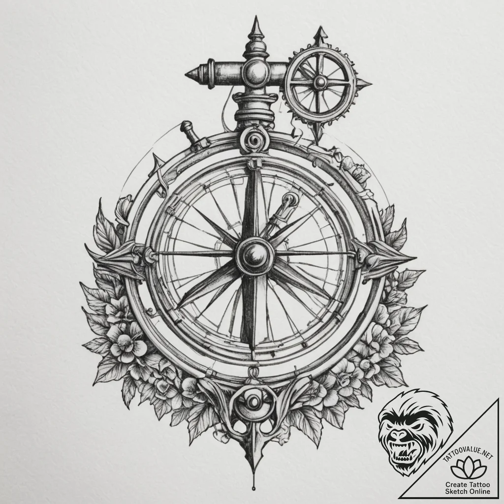 Sextant, tattoo line art, on a clean white pa... - tattoo sketch (№1754800226_0, 10.08.2025 04:30) — tattoovalue.net