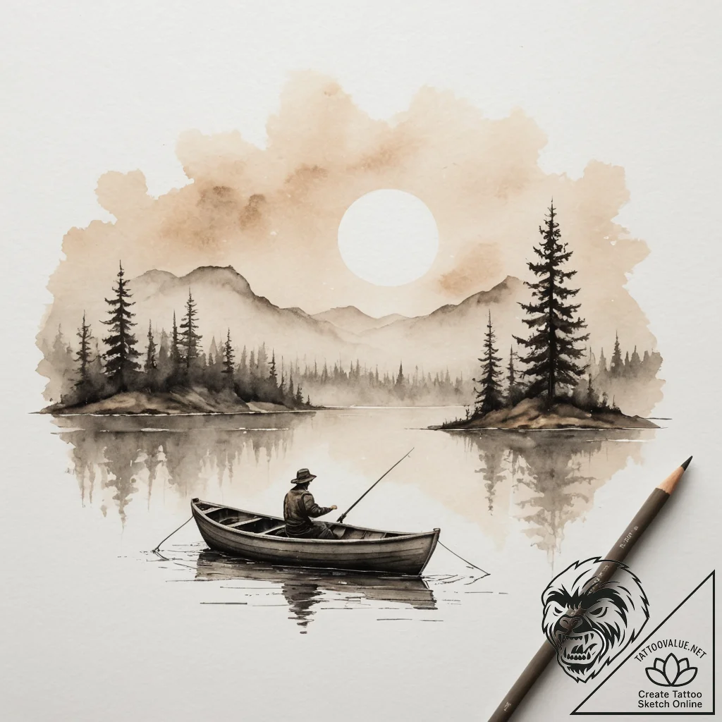A shot of a lone fisherman in a small boat on... - tattoo sketch (№1754801614_0, 10.08.2025 04:53) — tattoovalue.net