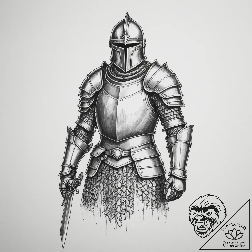 Tattoo sketch a detailed rendering of a knigh... - tattoo sketch (№1754801813_0, 10.08.2025 04:56) — tattoovalue.net