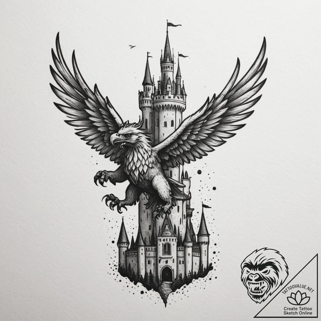 Tattoo sketch a stylized griffin flying over... - tattoo sketch (№1754803005_0, 10.08.2025 05:16) — tattoovalue.net