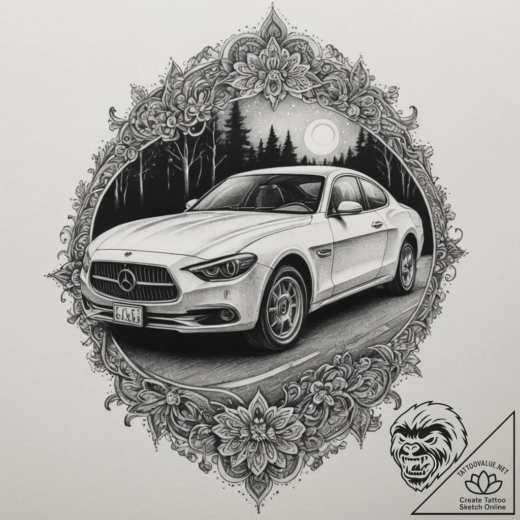 A car driving on a wet road at night, headlig... - tattoo sketch (№1754826008_0, 10.08.2025 11:40) — tattoovalue.net