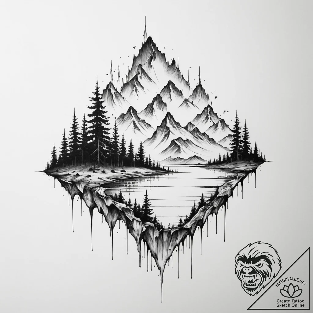 Tattoo design a glitching landscape that melt... - tattoo sketch (№1754827610_0, 10.08.2025 12:06) — tattoovalue.net