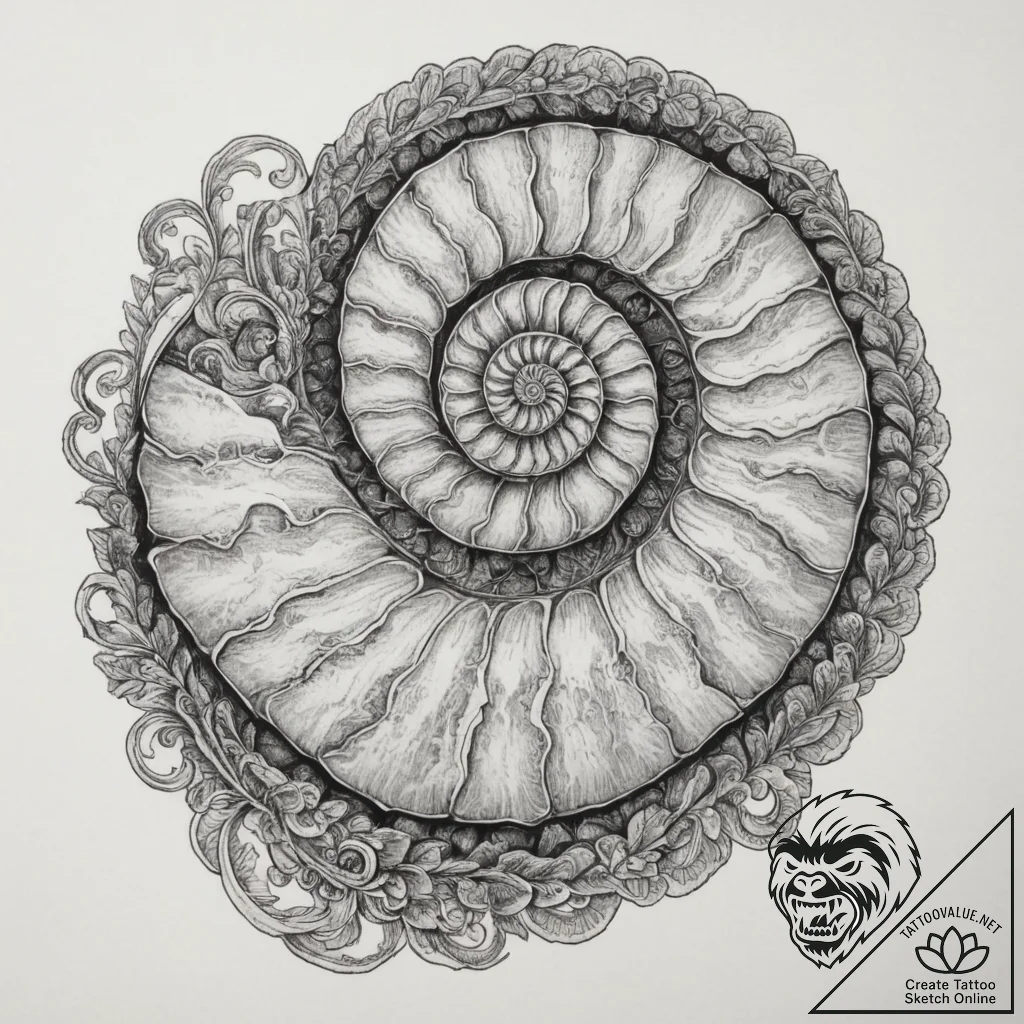 Ammonite fossil, tattoo line art, black outli... - tattoo sketch (№1754829220_0, 10.08.2025 12:33) — tattoovalue.net
