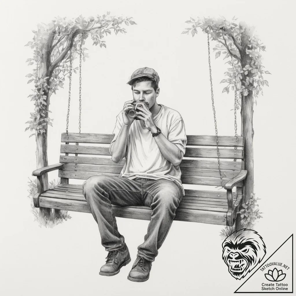 A person playing a harmonica on a porch swing... - tattoo sketch (№1754829426_0, 10.08.2025 12:37) — tattoovalue.net