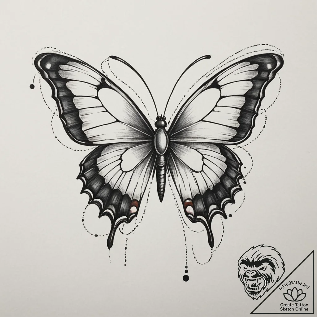 Tattoo design a minimalist butterfly with dot... - tattoo sketch (№1754830220_0, 10.08.2025 12:50) — tattoovalue.net