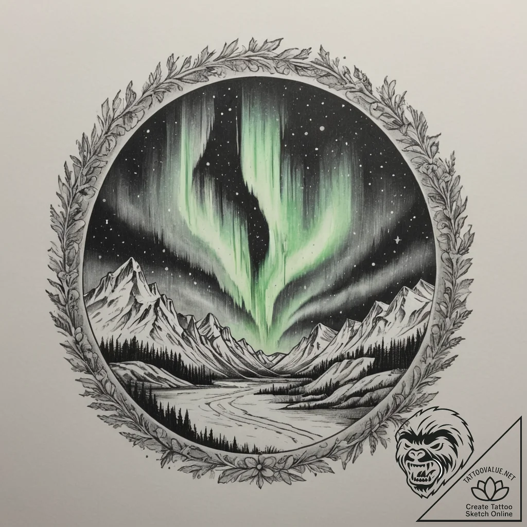 The northern lights (aurora borealis) dancing... - tattoo sketch (№1754837437_0, 10.08.2025 14:50) — tattoovalue.net