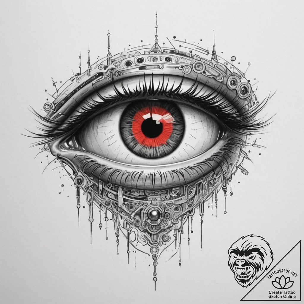 Tattoo sketch a robot's eye with a red glow a... - tattoo sketch (№1754838241_0, 10.08.2025 15:04) — tattoovalue.net