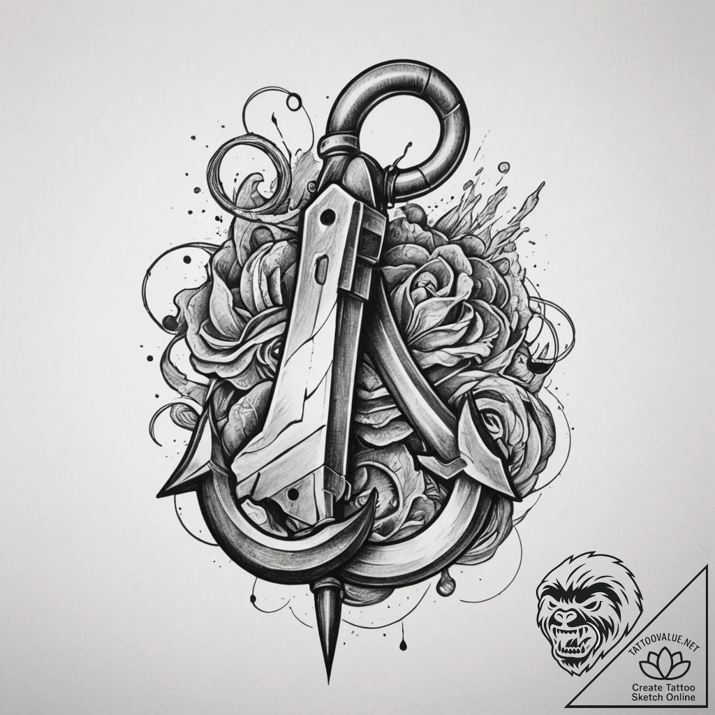 Tattoo sketch a stylized grappling hook, symb... - tattoo sketch (№1754838838_0, 10.08.2025 15:13) — tattoovalue.net