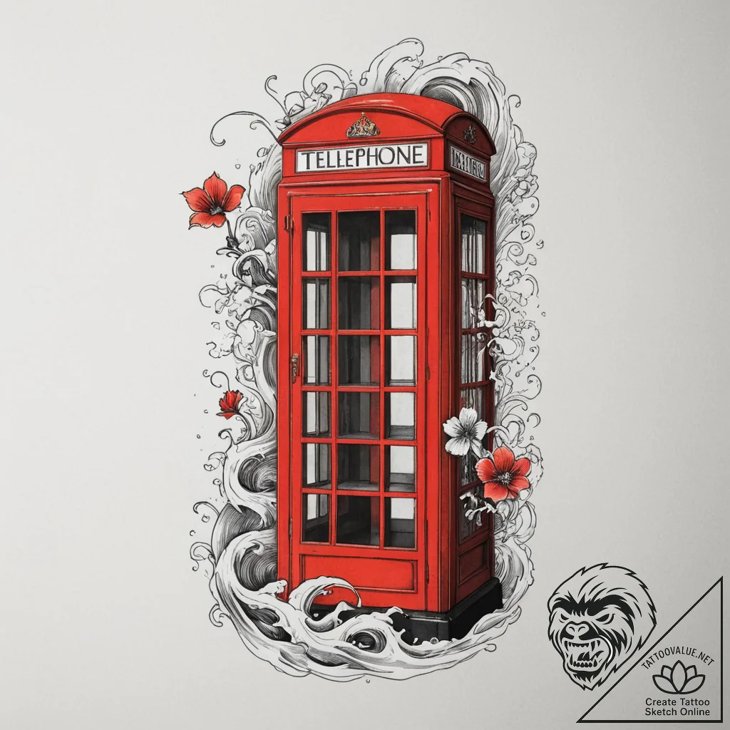 An old-fashioned red telephone box on a londo... - tattoo sketch (№1754840848_0, 10.08.2025 15:47) — tattoovalue.net