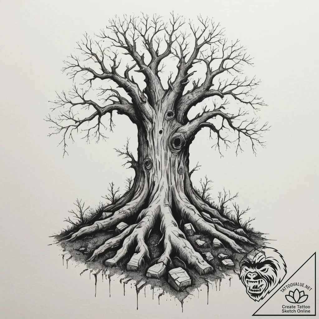 Tattoo sketch a strong, gnarled tree stump, s... - tattoo sketch (№1754842245_0, 10.08.2025 16:10) — tattoovalue.net