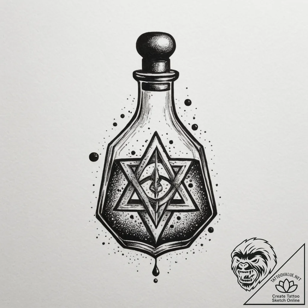 Tattoo design a small, stylized potion bottle... - tattoo sketch (№1754843644_0, 10.08.2025 16:34) — tattoovalue.net