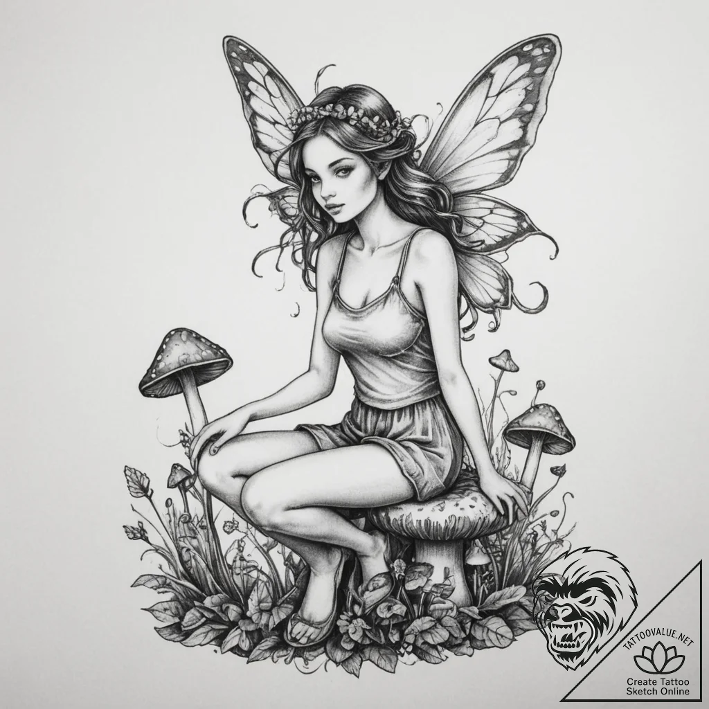 Fairy sitting on a mushroom, artistic tattoo... - tattoo sketch (№1754844044_0, 10.08.2025 16:40) — tattoovalue.net